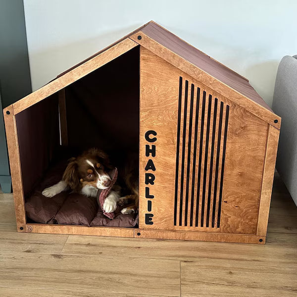 Large Dog House - Stylish Indoor Dog Furniture with High Slats Cutout Panel and Cotton Fabric Cover