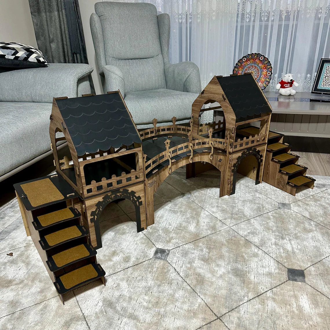 Two-Story Bunny Castle with Suspension Bridge: Modern Wooden Rabbit House