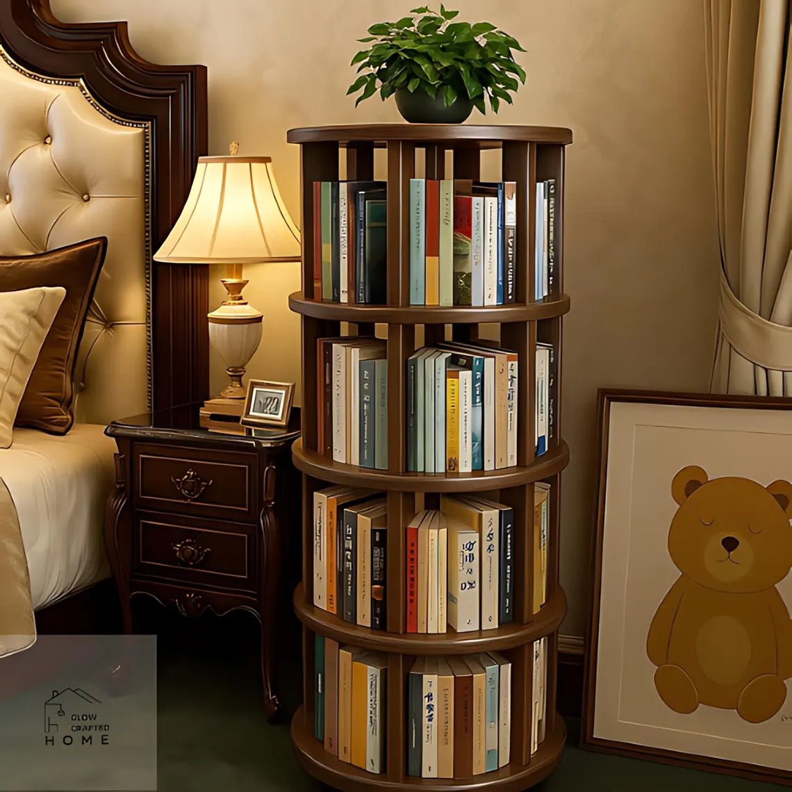 Solid Wood 360 Rotating Bookshelf - Modern Corner Bookcase