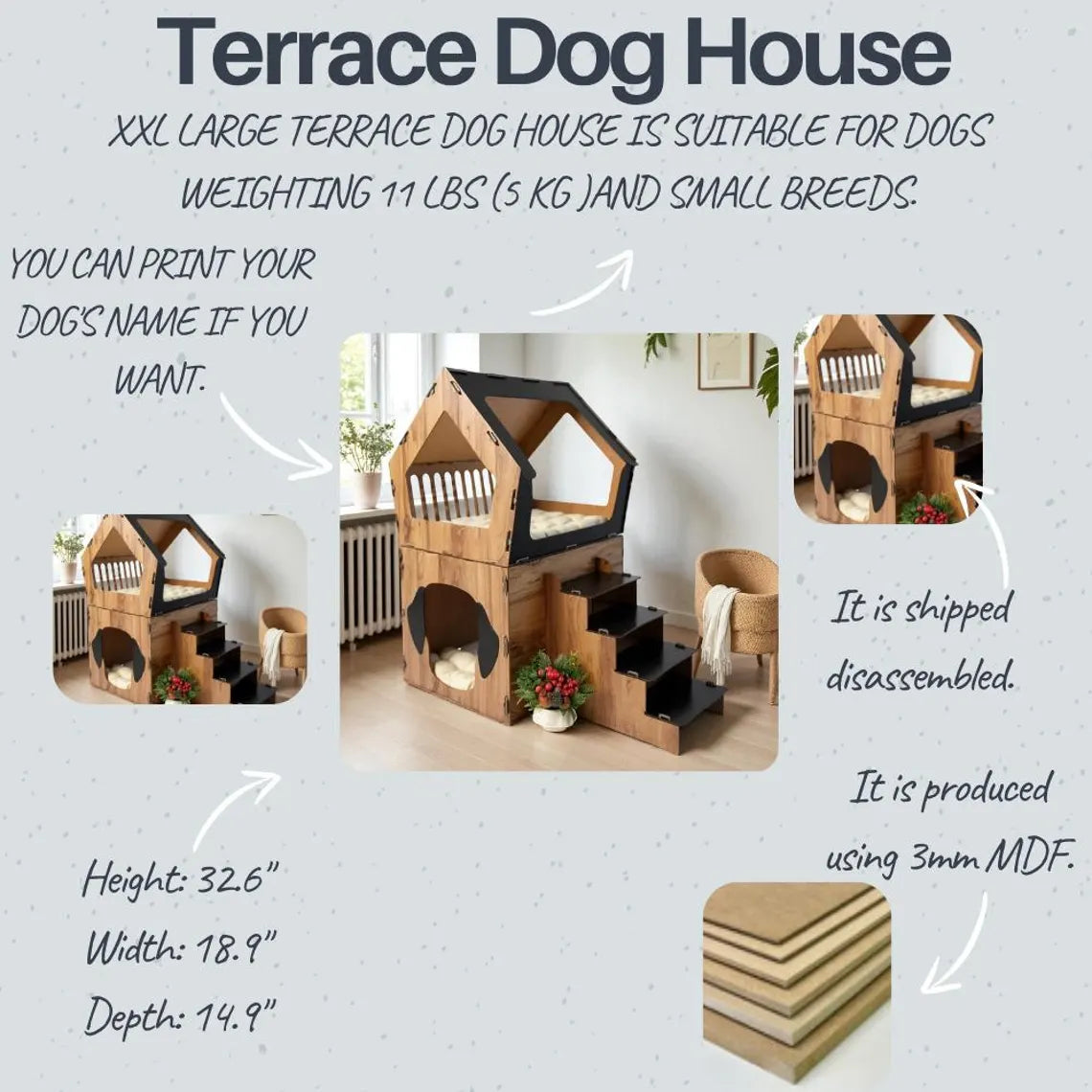 MDF Terrace Dog House: Small Breed Pet Kennel, Personalized Dog Kennel Furniture, Staircase Dog House, Indoor Dog Crate