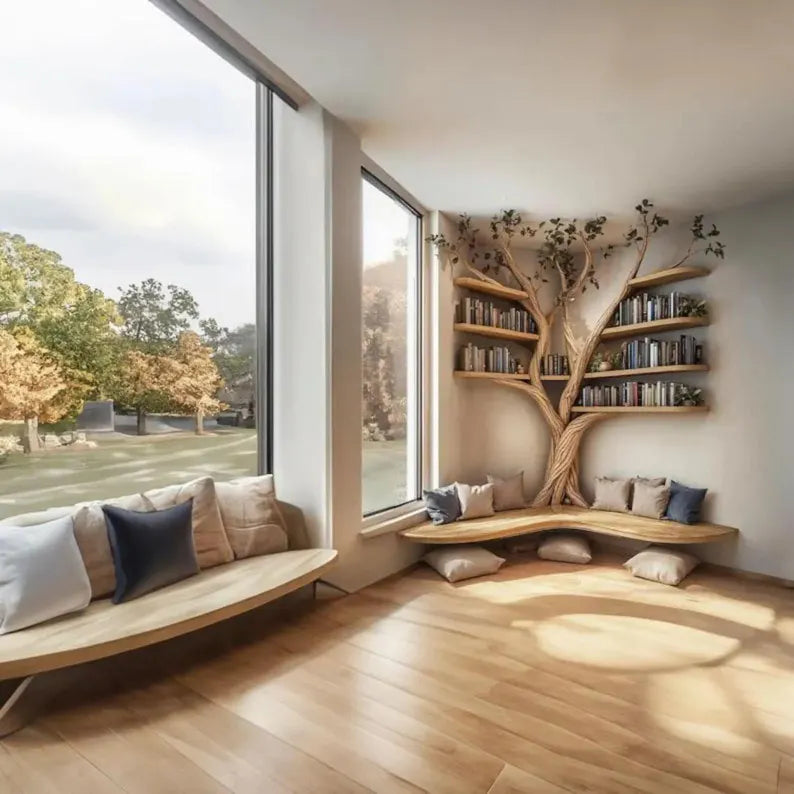 Rustic Tree Branch Floating Corner Shelf โ Handmade Pine L-Shaped Wall Shelf, Natural Wood Corner Bench, Rustic Home Decor