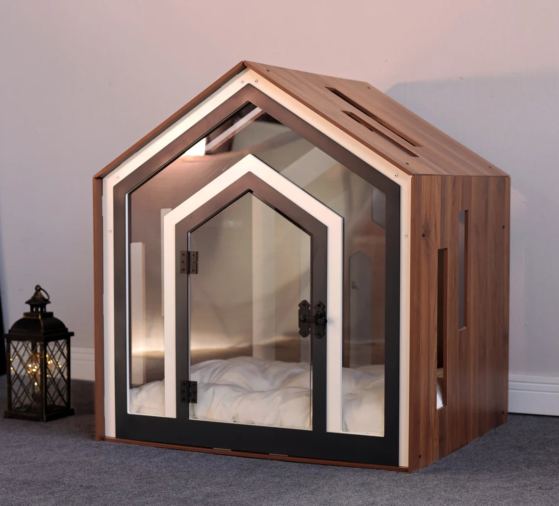 Modern Dog Crate: Indoor Dog House, Wooden Pet Furniture with Custom Cushion Bed, Kennel