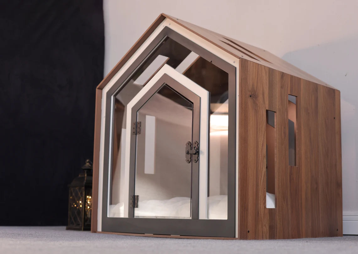 Modern Dog Crate: Indoor Dog House, Wooden Pet Furniture with Custom Cushion Bed, Kennel