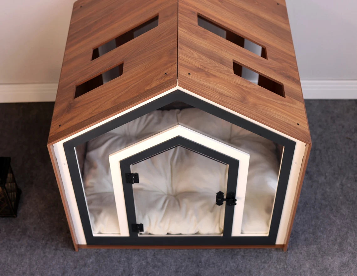 Modern Dog Crate: Indoor Dog House, Wooden Pet Furniture with Custom Cushion Bed, Kennel