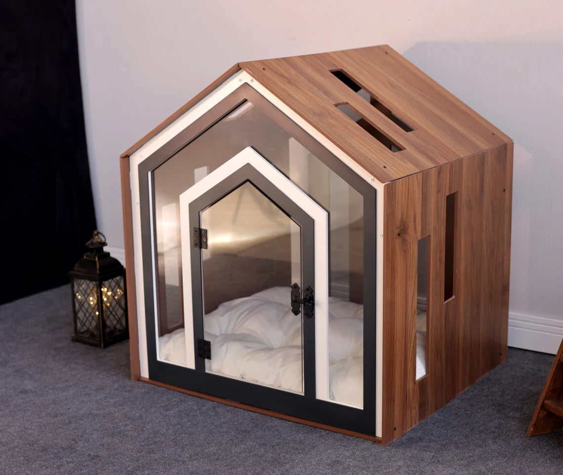 Modern Dog Crate: Indoor Dog House, Wooden Pet Furniture with Custom Cushion Bed, Kennel