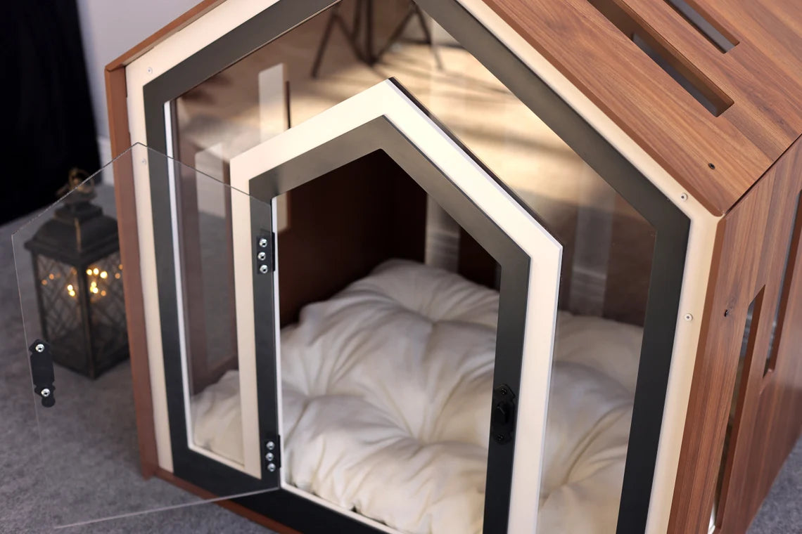Modern Dog Crate: Indoor Dog House, Wooden Pet Furniture with Custom Cushion Bed, Kennel