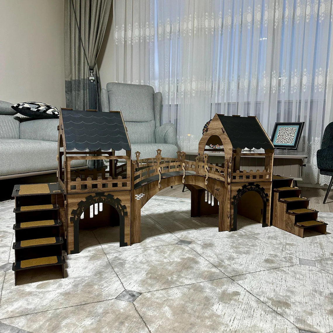 Two-Story Bunny Castle with Suspension Bridge: Modern Wooden Rabbit House