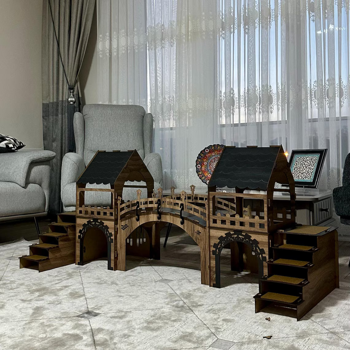 Two-Story Bunny Castle with Suspension Bridge: Modern Wooden Rabbit House