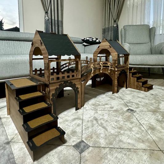 Two-Story Bunny Castle with Suspension Bridge: Modern Wooden Rabbit House