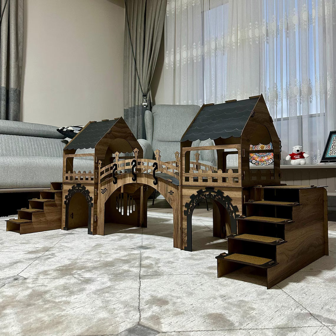 Two-Story Bunny Castle with Suspension Bridge: Modern Wooden Rabbit House