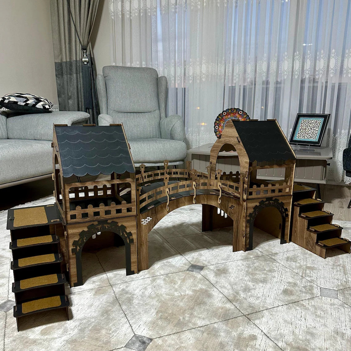 Two-Story Bunny Castle with Suspension Bridge: Modern Wooden Rabbit House