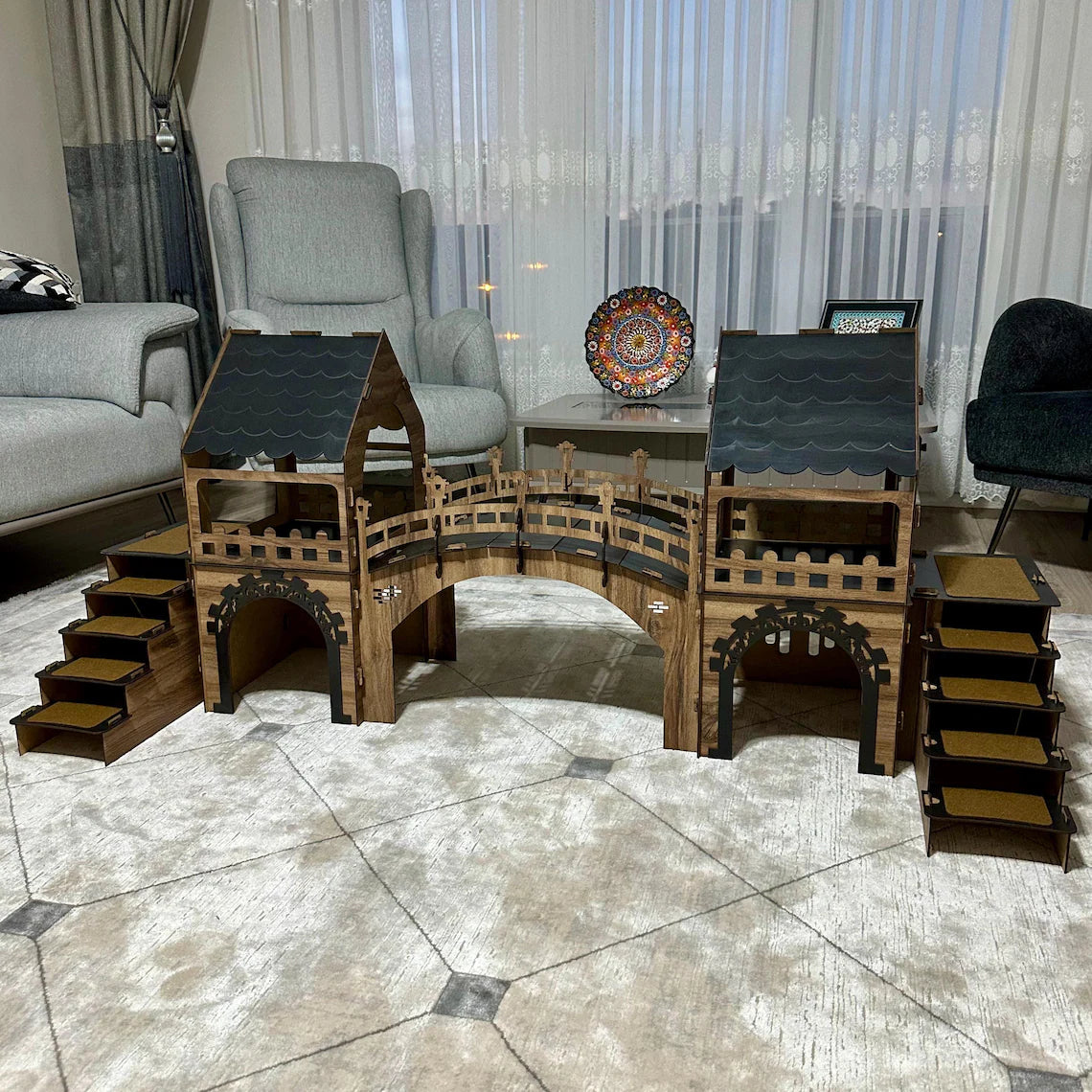 Two-Story Bunny Castle with Suspension Bridge: Modern Wooden Rabbit House