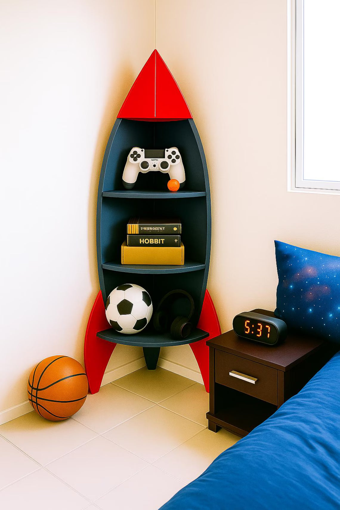 A rocket-designed bookcase that will stimulate the imagination of children and young people.