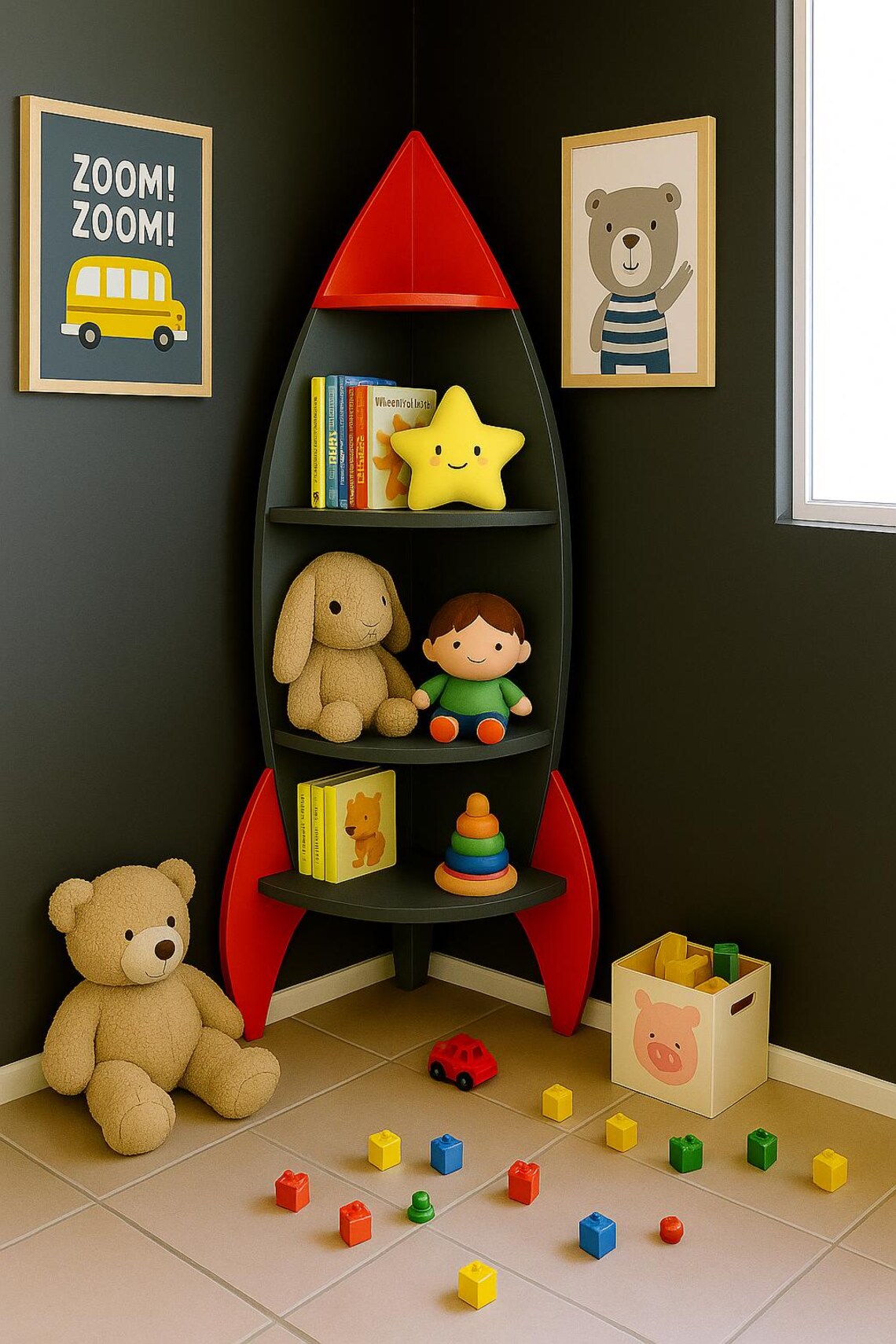 A rocket-designed bookcase that will stimulate the imagination of children and young people.