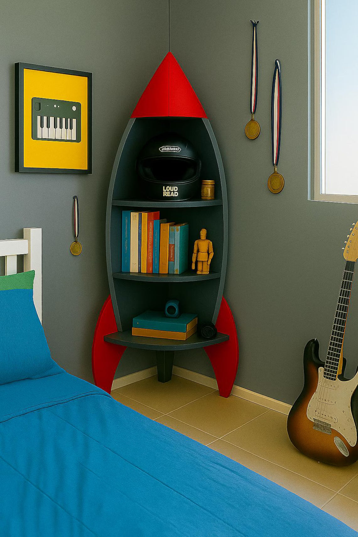 A rocket-designed bookcase that will stimulate the imagination of children and young people.