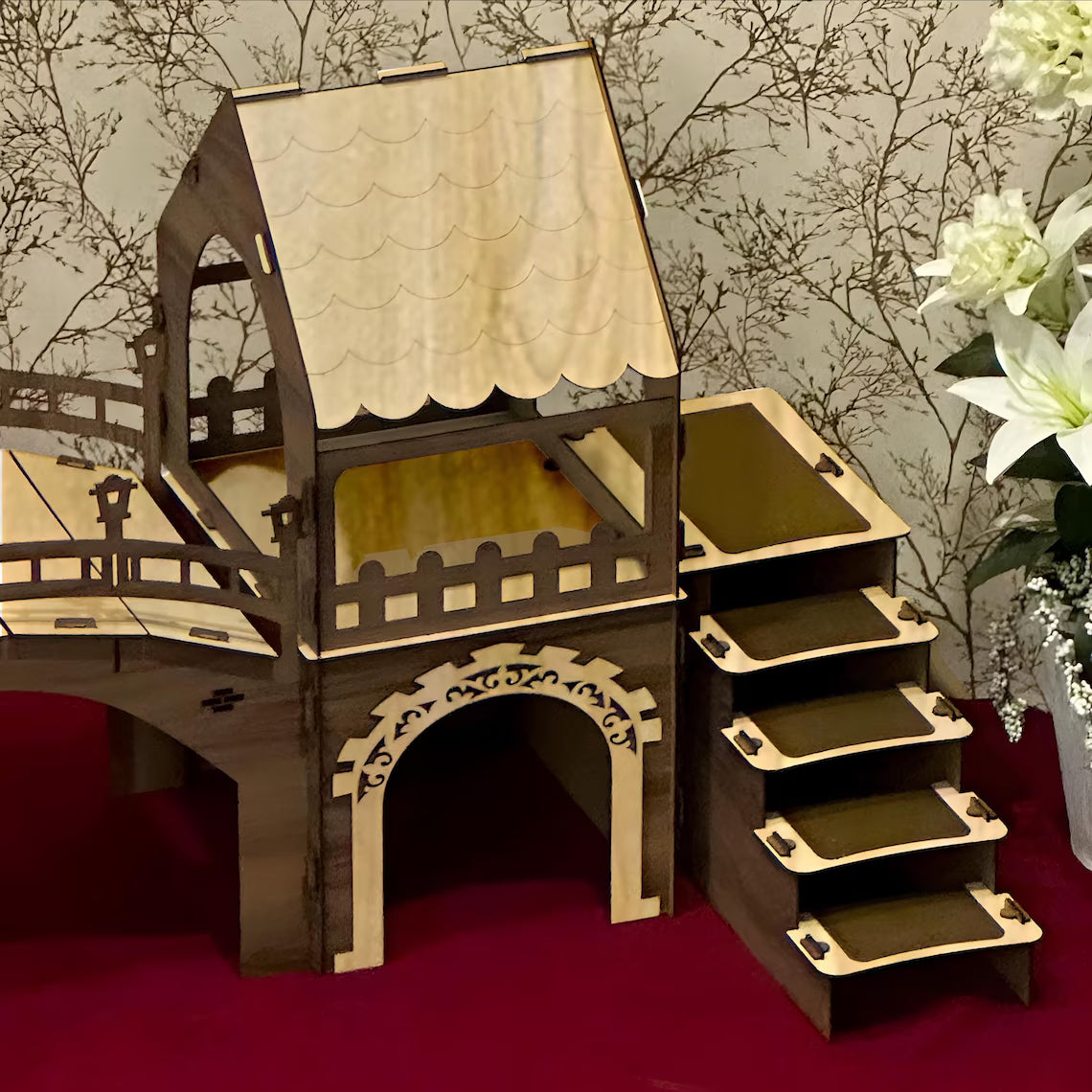 Two-Story Bunny Castle with Suspension Bridge: Modern Wooden Rabbit House