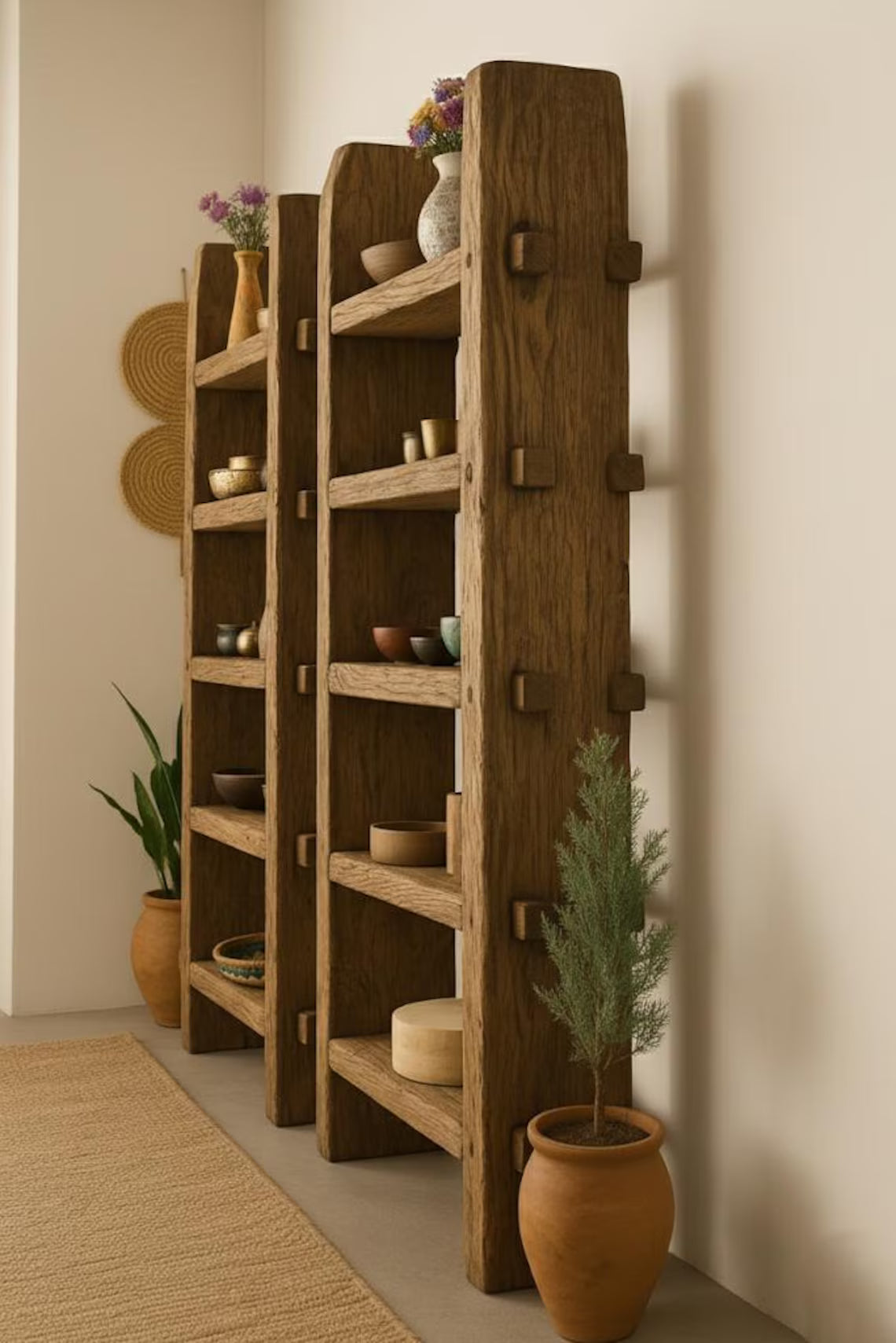 Solid Wood Book Shelf Rustic Handmade Furniture Mid Century Wooden Bookcase Live Edge Shelf Farmhouse Rustic Wood Bookcase, Ladder Bookshelf