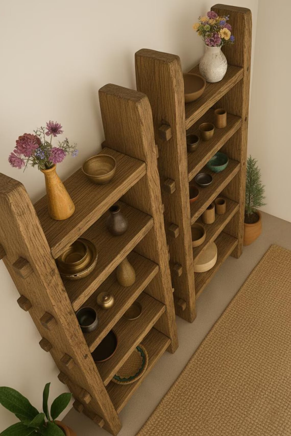 Solid Wood Book Shelf Rustic Handmade Furniture Mid Century Wooden Bookcase Live Edge Shelf Farmhouse Rustic Wood Bookcase, Ladder Bookshelf