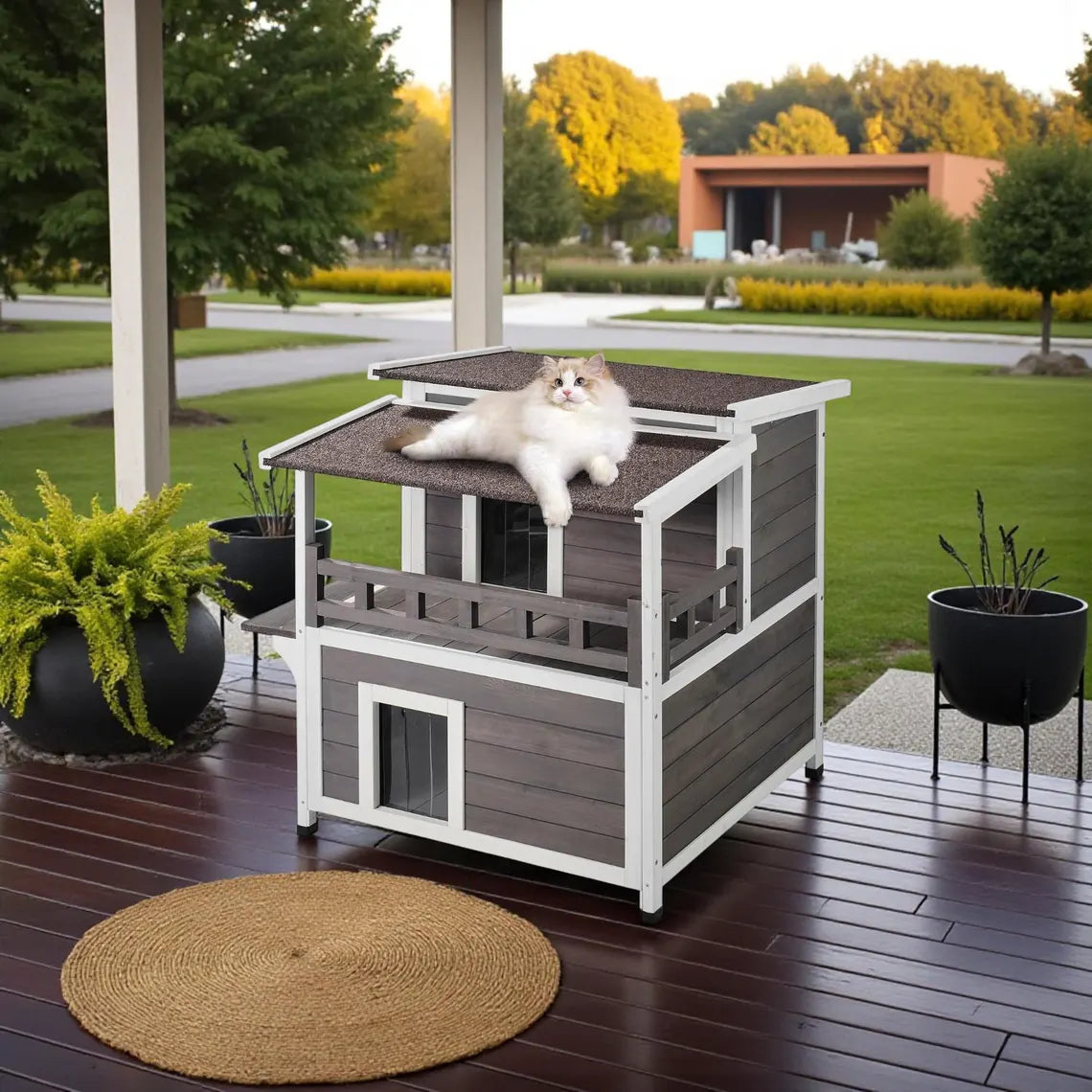 Cedar Outdoor Cat House: Weatherproof Multi-Story Cat Shelter