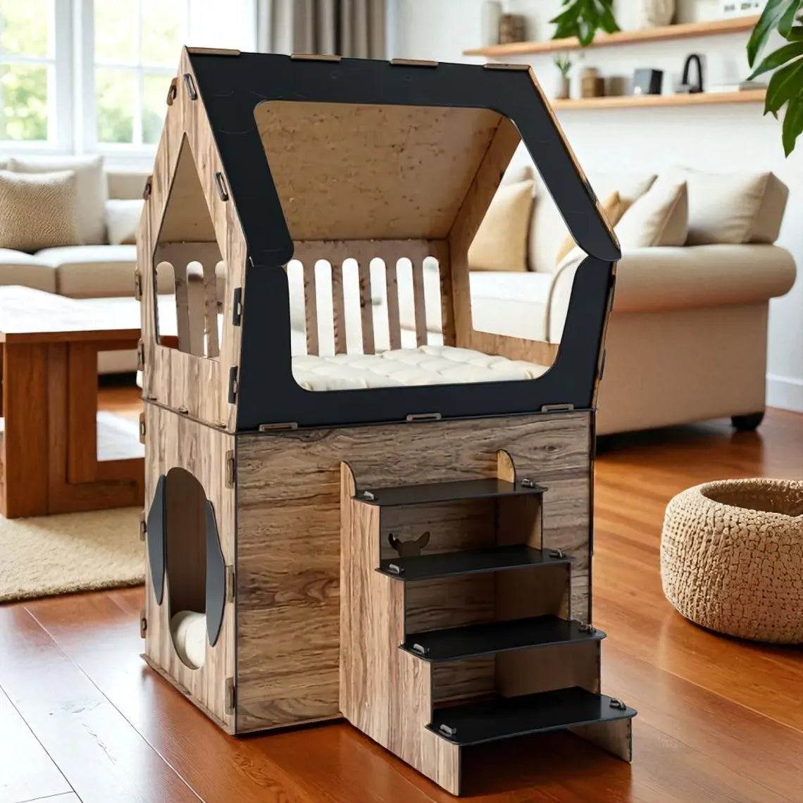 MDF Terrace Dog House: Small Breed Pet Kennel, Personalized Dog Kennel Furniture, Staircase Dog House, Indoor Dog Crate