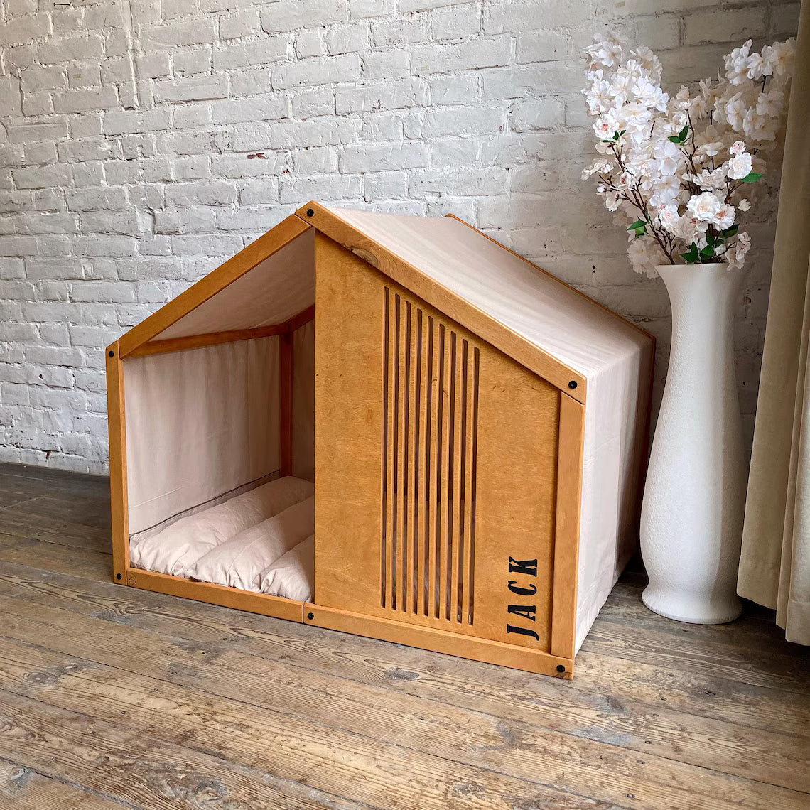 Large Dog House - Stylish Indoor Dog Furniture with High Slats Cutout Panel and Cotton Fabric Cover