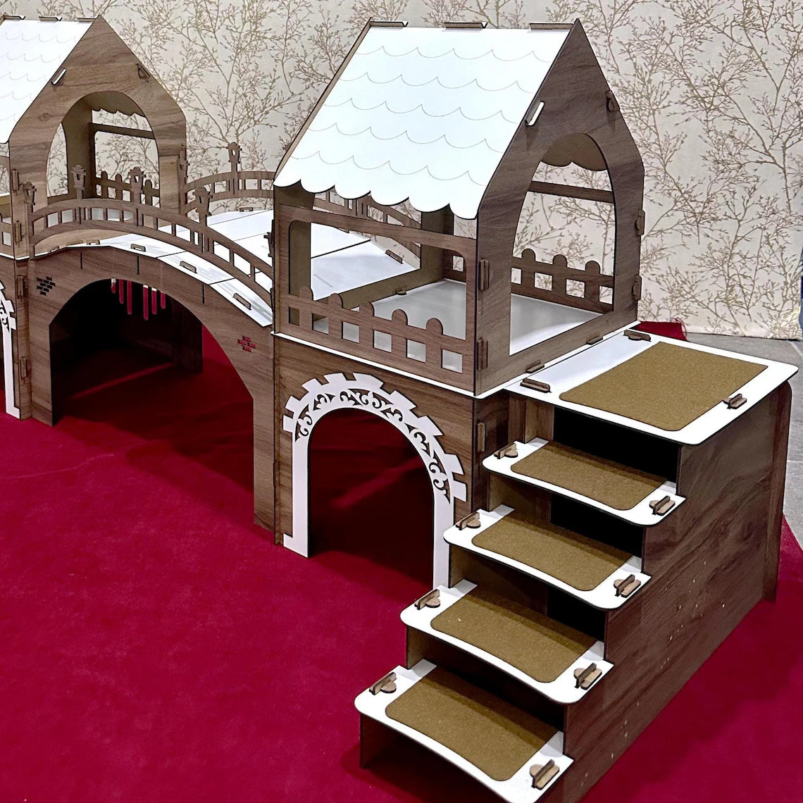 Two-Story Bunny Castle with Suspension Bridge: Modern Wooden Rabbit House