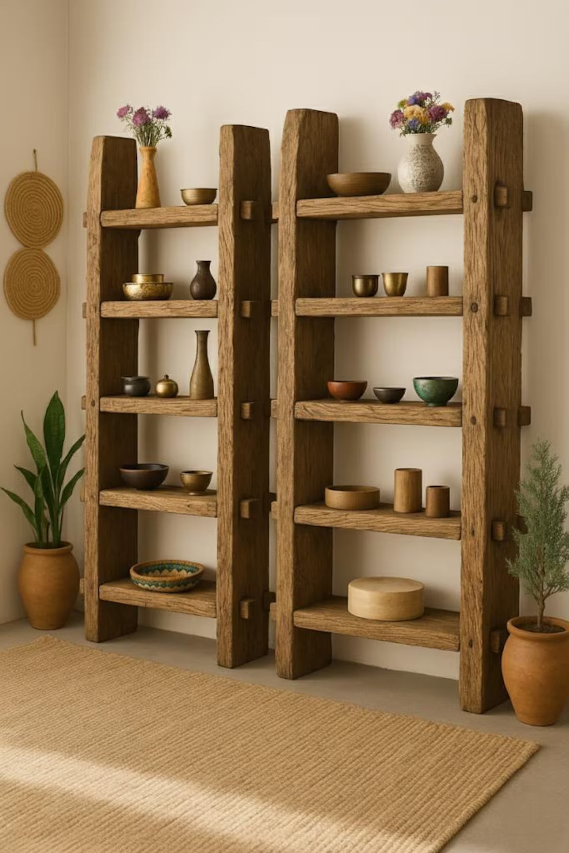 Solid Wood Book Shelf Rustic Handmade Furniture Mid Century Wooden Bookcase Live Edge Shelf Farmhouse Rustic Wood Bookcase, Ladder Bookshelf