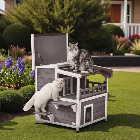 Cedar Outdoor Cat House: Weatherproof Multi-Story Cat Shelter