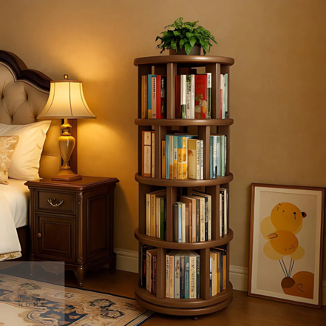 Solid Wood 360 Rotating Bookshelf - Modern Corner Bookcase