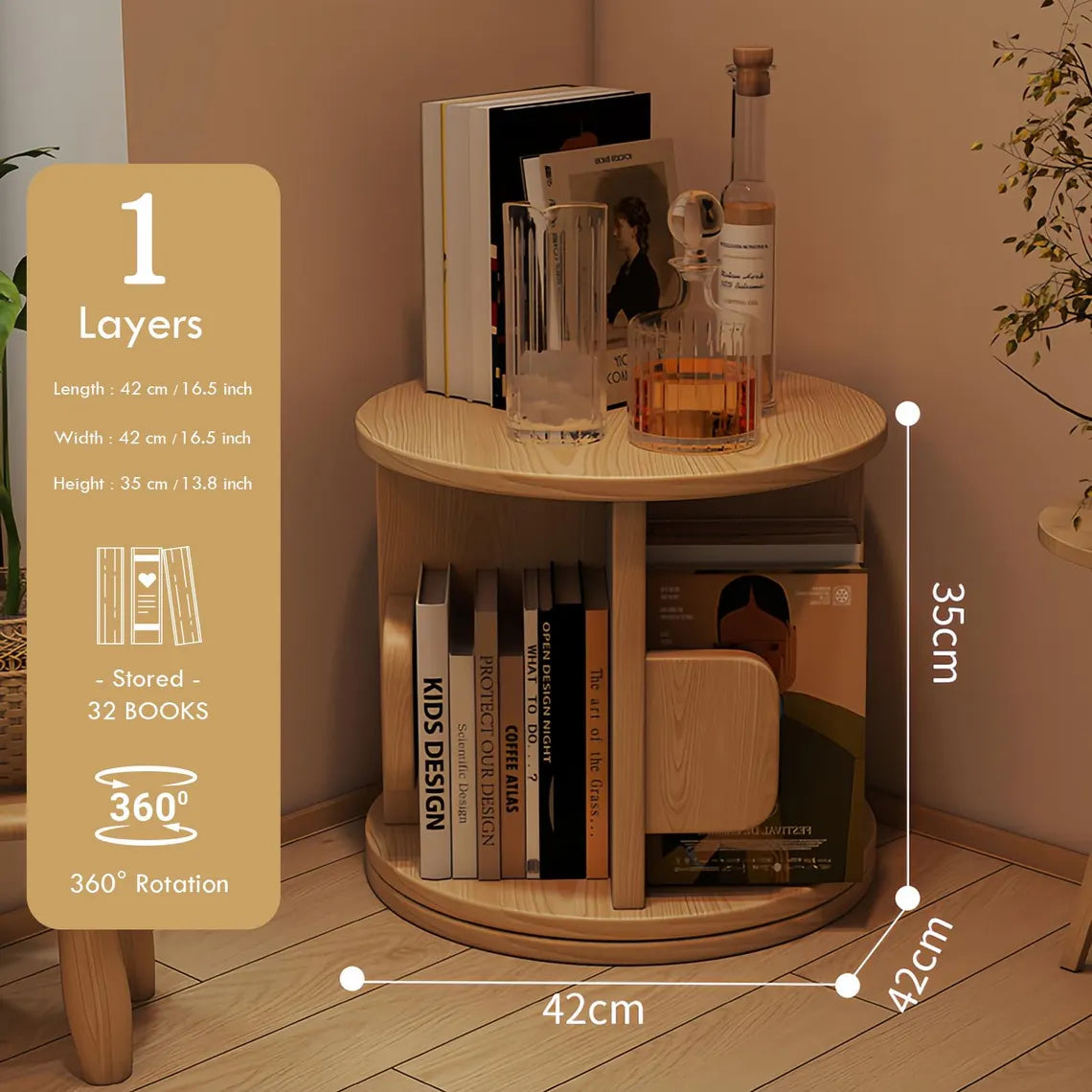 Multi-Tier Wooden Rotating Bookshelf, Round Display Bookcase, Floor Standing Corner Revolving Bookshelf Organizer Storage Rack for Home