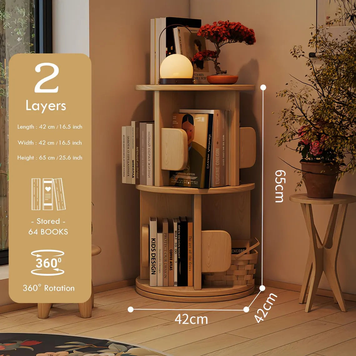 Multi-Tier Wooden Rotating Bookshelf, Round Display Bookcase, Floor Standing Corner Revolving Bookshelf Organizer Storage Rack for Home