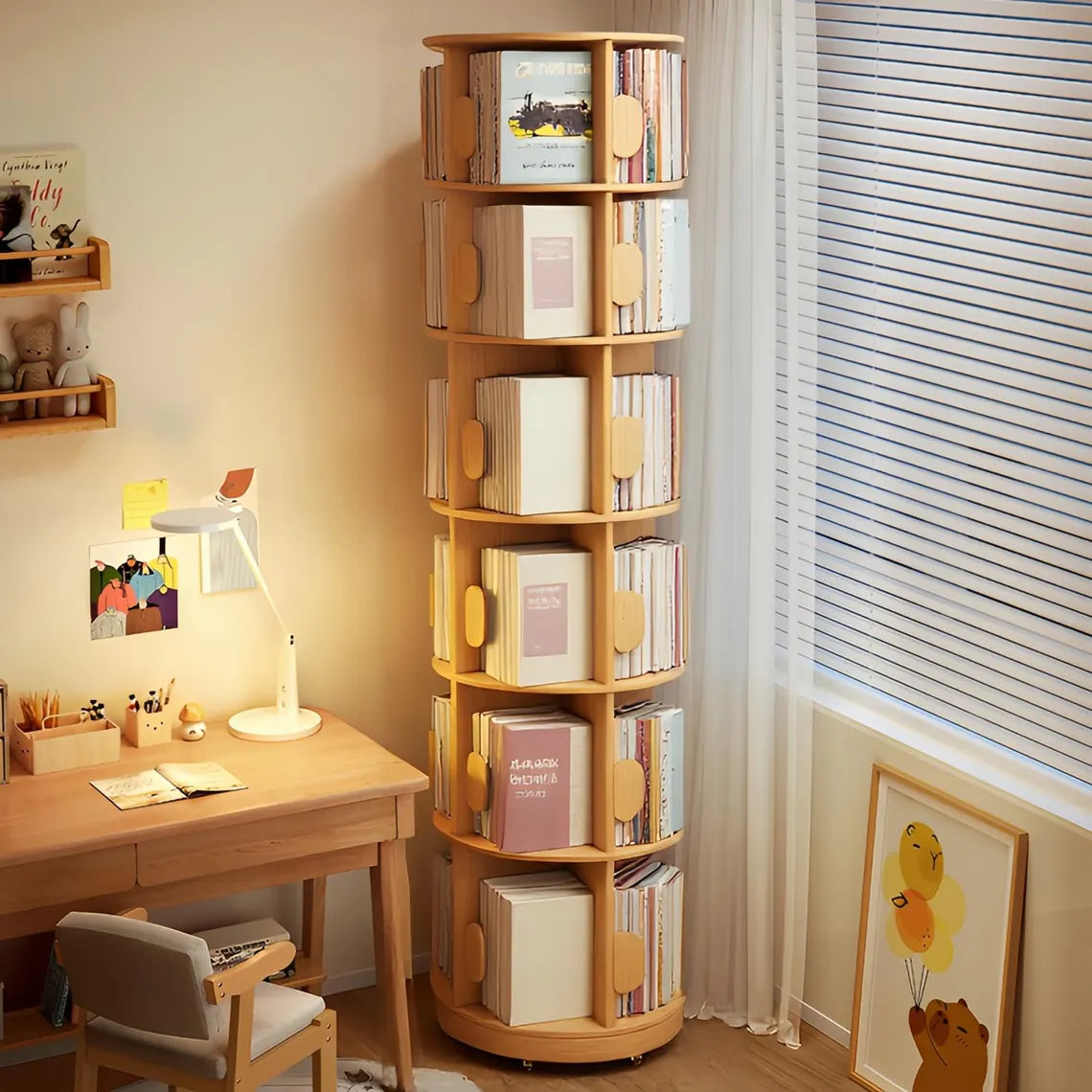 Multi-Tier Wooden Rotating Bookshelf, Round Display Bookcase, Floor Standing Corner Revolving Bookshelf Organizer Storage Rack for Home