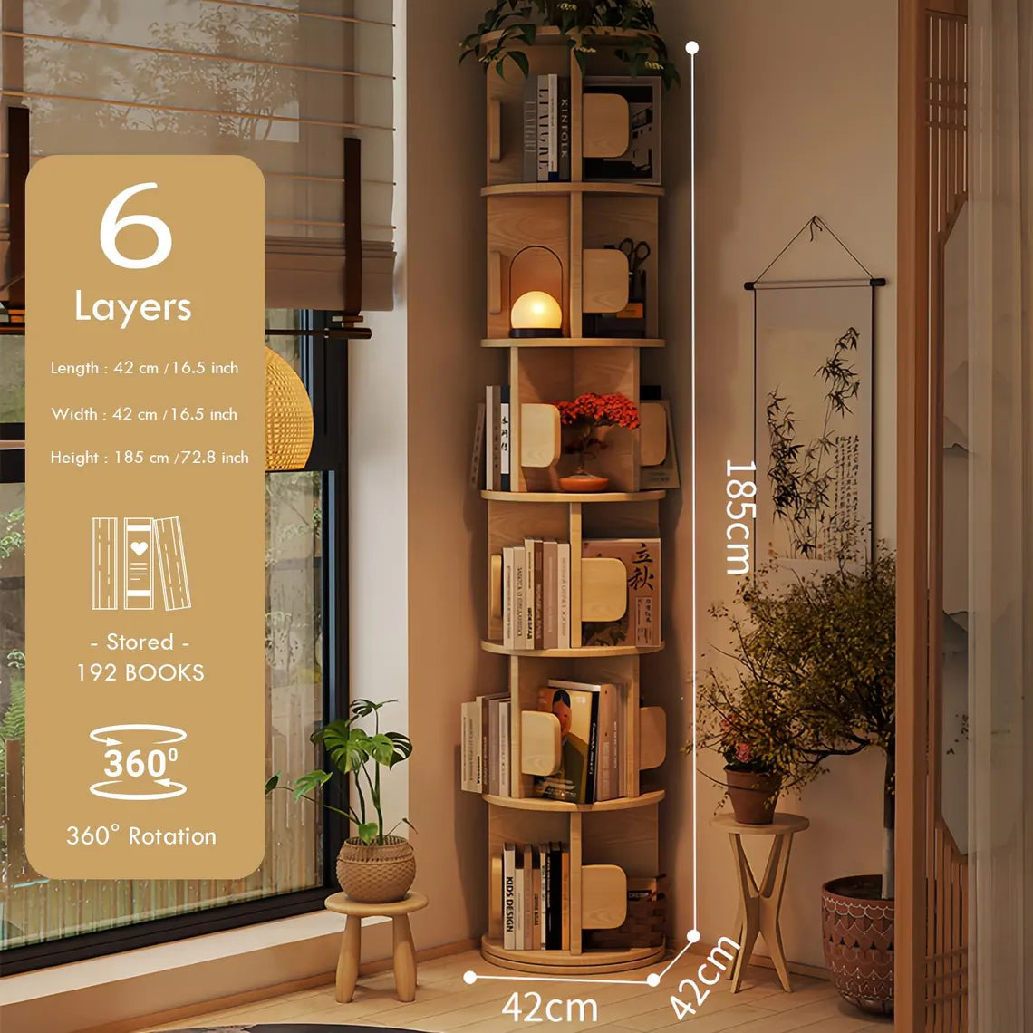 Multi-Tier Wooden Rotating Bookshelf, Round Display Bookcase, Floor Standing Corner Revolving Bookshelf Organizer Storage Rack for Home