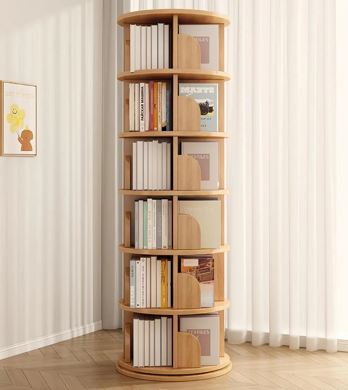 Multi-Tier Wooden Rotating Bookshelf, Round Display Bookcase, Floor Standing Corner Revolving Bookshelf Organizer Storage Rack for Home
