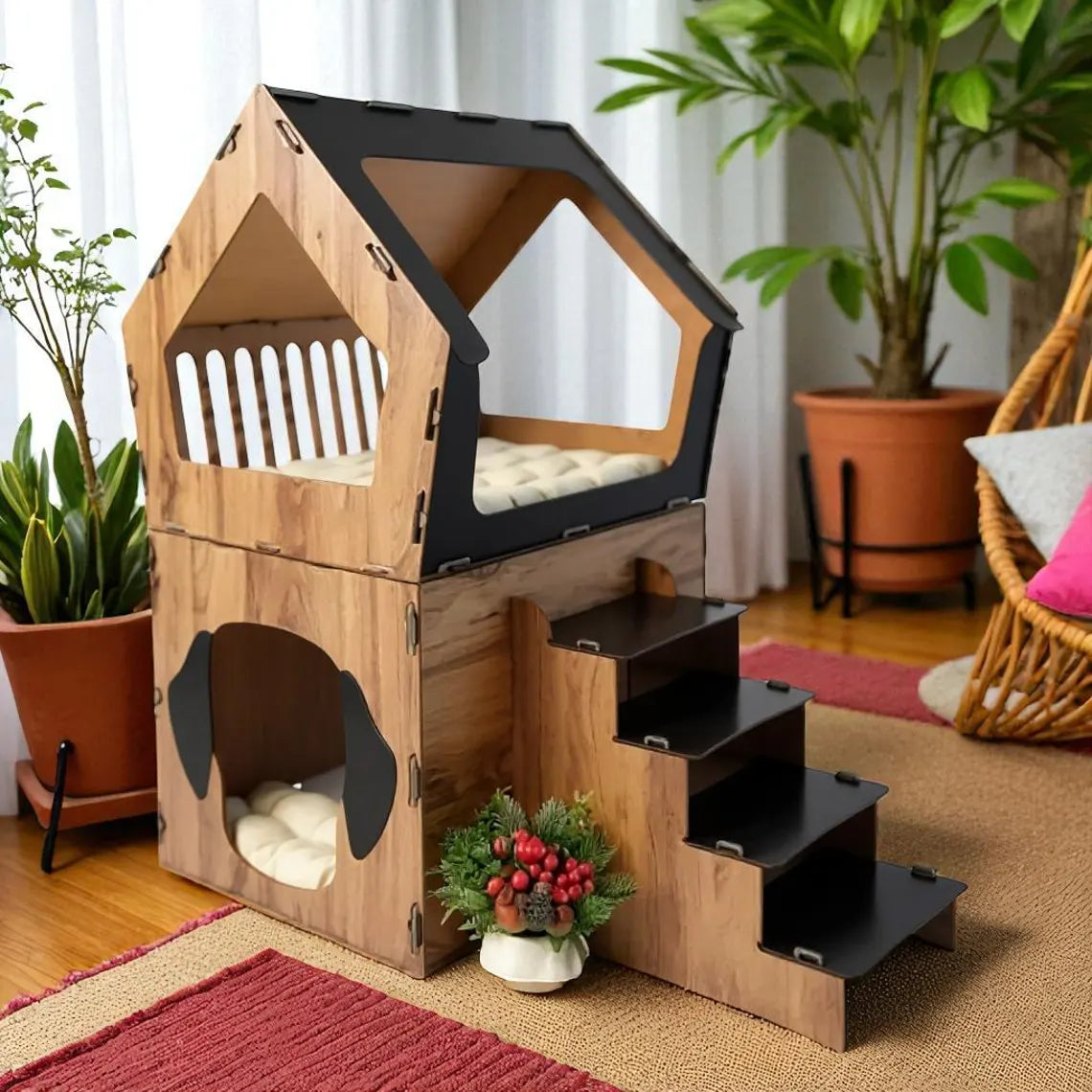 MDF Terrace Dog House: Small Breed Pet Kennel, Personalized Dog Kennel Furniture, Staircase Dog House, Indoor Dog Crate