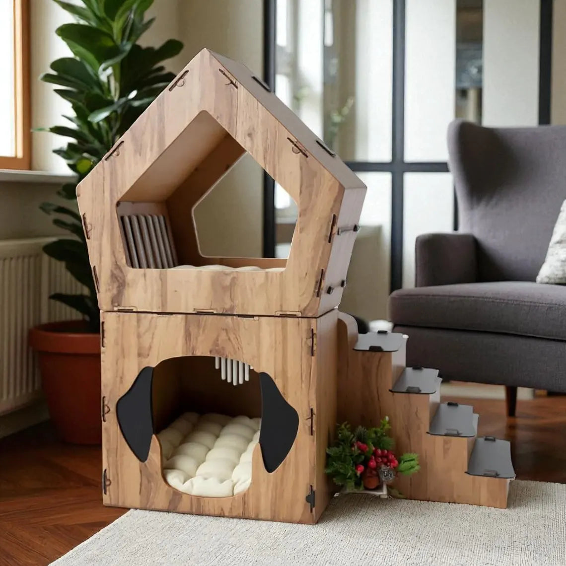 MDF Terrace Dog House: Small Breed Pet Kennel, Personalized Dog Kennel Furniture, Staircase Dog House, Indoor Dog Crate