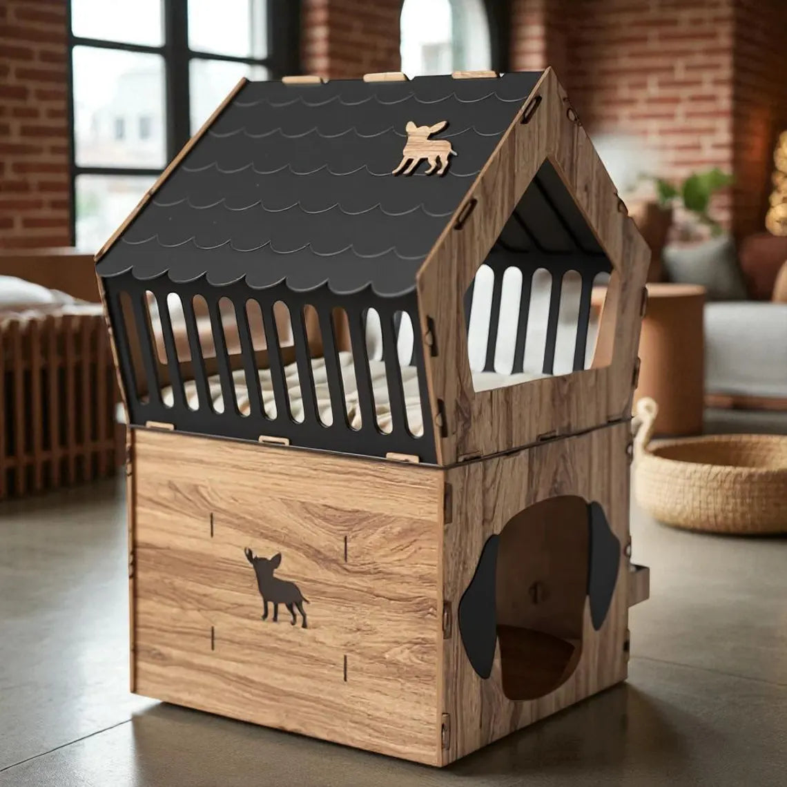 MDF Terrace Dog House: Small Breed Pet Kennel, Personalized Dog Kennel Furniture, Staircase Dog House, Indoor Dog Crate