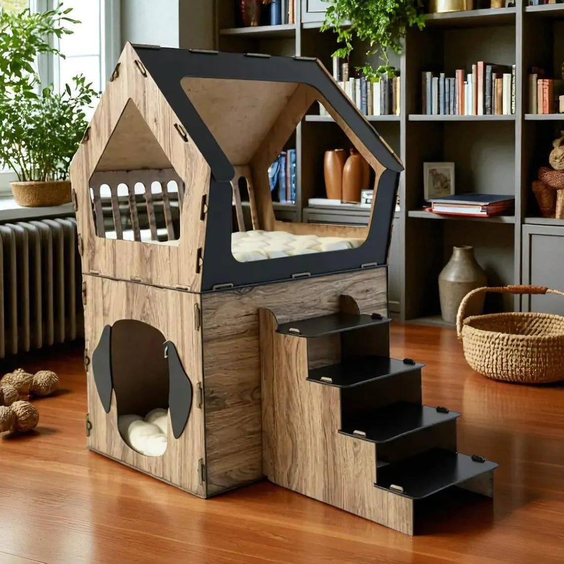 MDF Terrace Dog House: Small Breed Pet Kennel, Personalized Dog Kennel Furniture, Staircase Dog House, Indoor Dog Crate