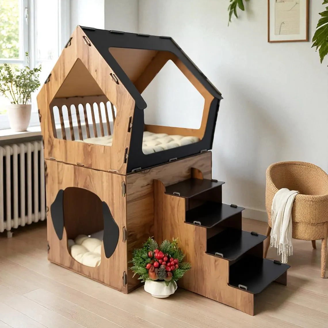 MDF Terrace Dog House: Small Breed Pet Kennel, Personalized Dog Kennel Furniture, Staircase Dog House, Indoor Dog Crate