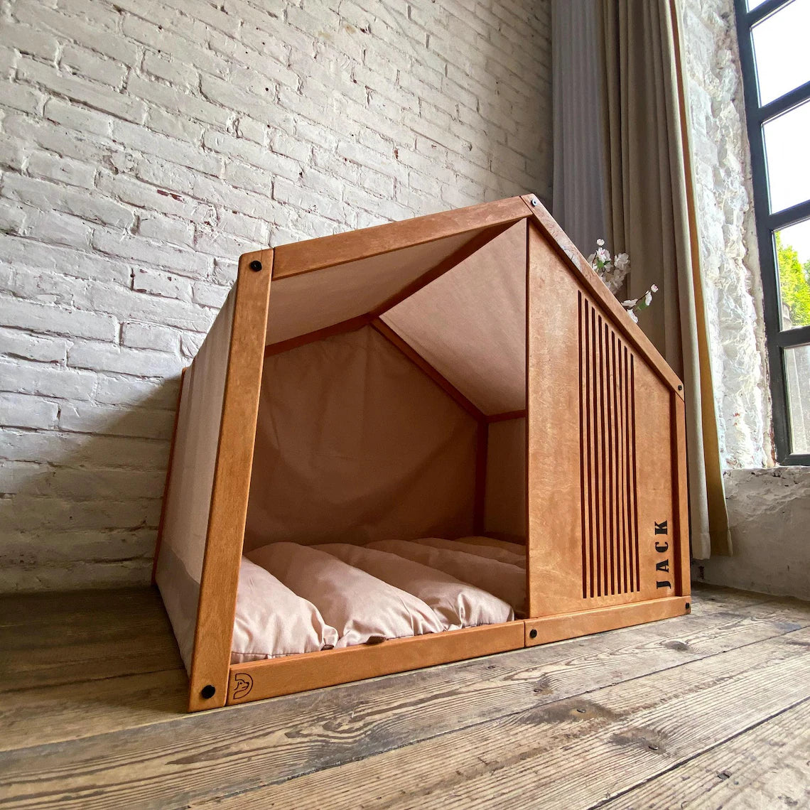 Large Dog House - Stylish Indoor Dog Furniture with High Slats Cutout Panel and Cotton Fabric Cover