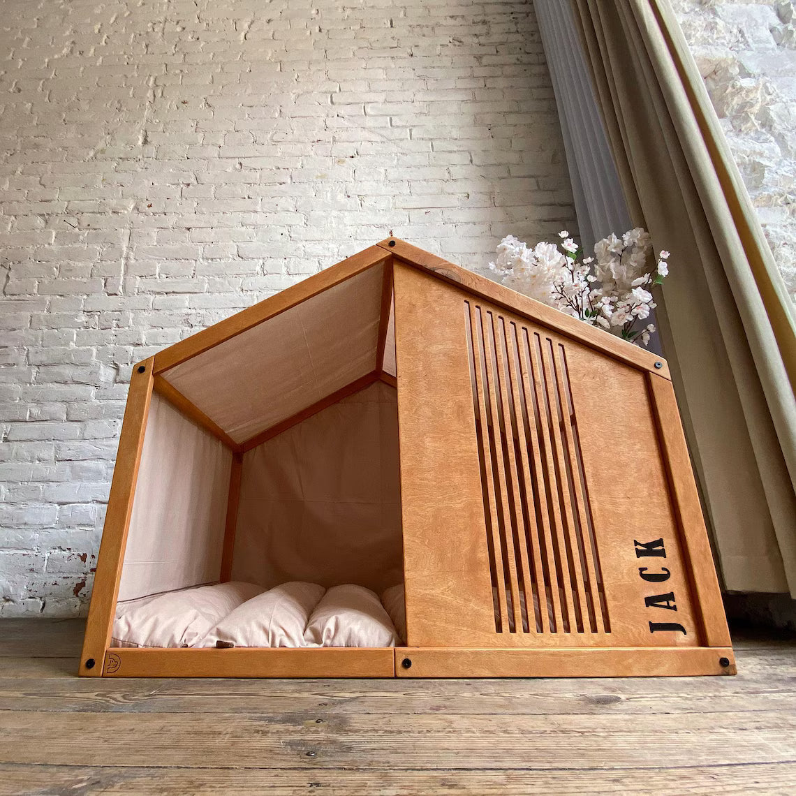 Large Dog House - Stylish Indoor Dog Furniture with High Slats Cutout Panel and Cotton Fabric Cover