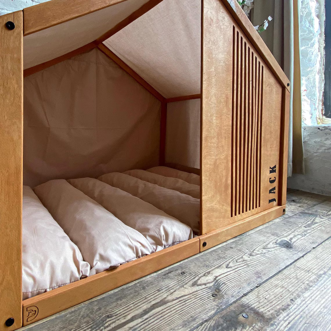 Large Dog House - Stylish Indoor Dog Furniture with High Slats Cutout Panel and Cotton Fabric Cover