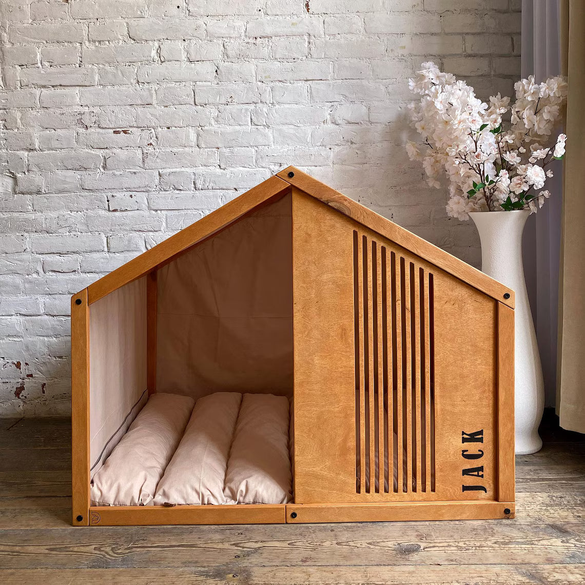 Large Dog House - Stylish Indoor Dog Furniture with High Slats Cutout Panel and Cotton Fabric Cover