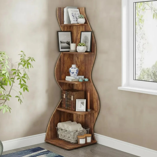 Vintage Wooden Corner Shelf – 5 Tier Bookcase | Rustic Brown Corner Book Shelf for Living Room, Bedroom, Office | Space Saving Storage
