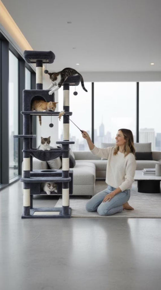 Solid Wood Cat Tree for Large Cats | Modern Wooden Cat Tower with Hammock & Condos | Minimalist Luxury Cat Furniture for Indoor Use