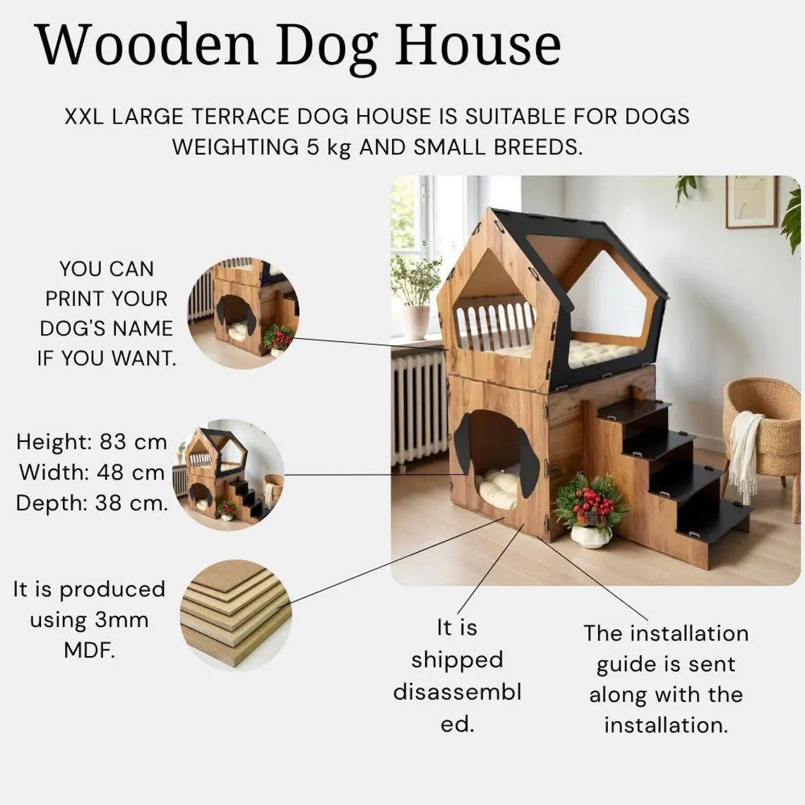 MDF Terrace Dog House: Small Breed Pet Kennel, Personalized Dog Kennel Furniture, Staircase Dog House, Indoor Dog Crate