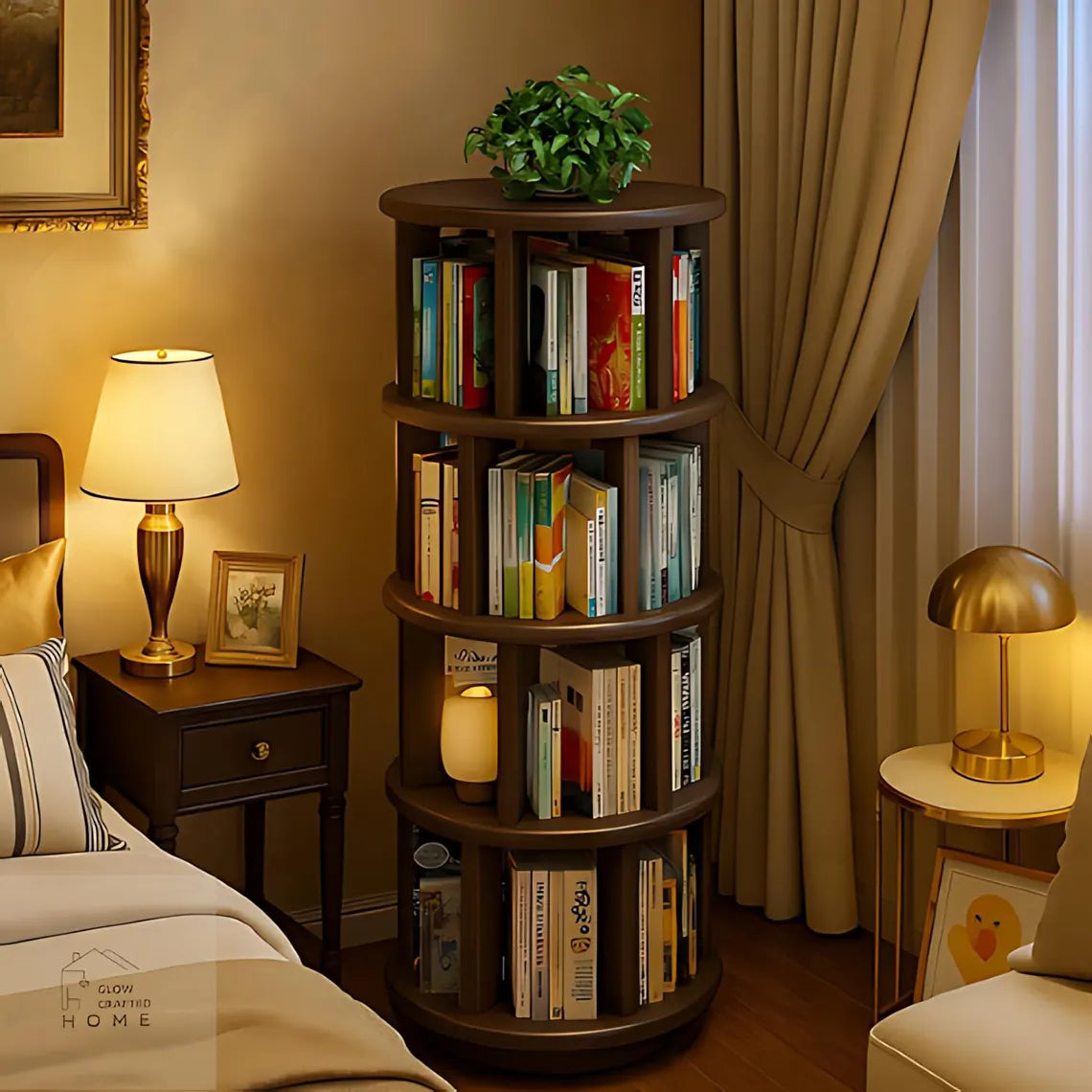 Solid Wood 360 Rotating Bookshelf - Modern Corner Bookcase