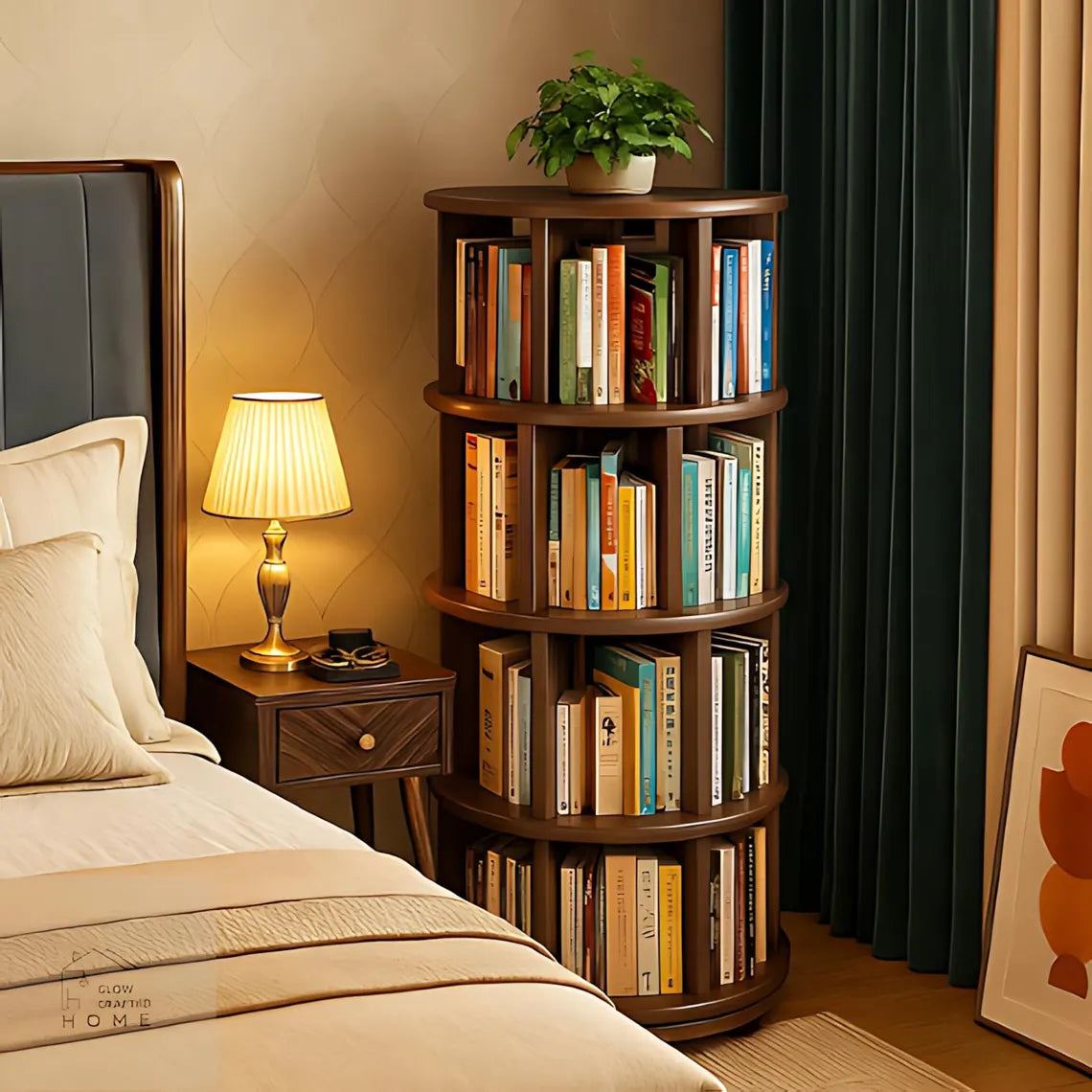Solid Wood 360 Rotating Bookshelf - Modern Corner Bookcase