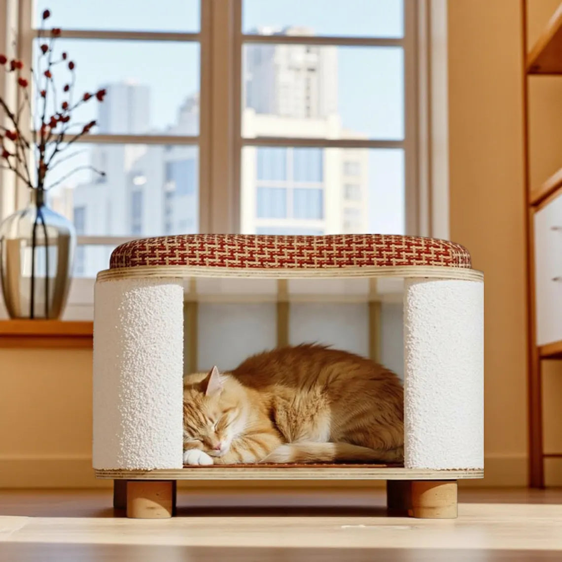 Self Heating Cat House Stool, Warm Cozy Winter Cat Bed, Insulated Wooden Cat Bed Cave, Elevated Cat Furniture, 2 in 1 Cat Hideaway Base