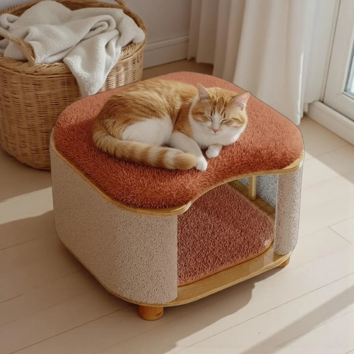 Self Heating Cat House Stool, Warm Cozy Winter Cat Bed, Insulated Wooden Cat Bed Cave, Elevated Cat Furniture, 2 in 1 Cat Hideaway Base